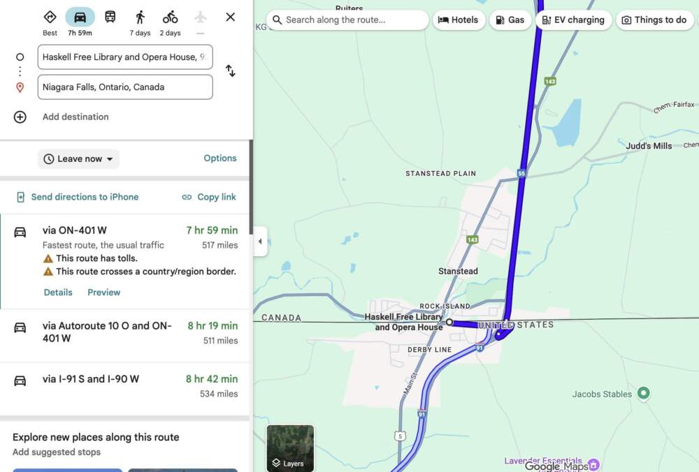 Google Maps directions from the Haskell library to Niagara Falls, Ontario.
